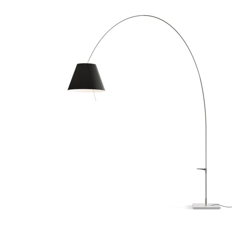 Luceplan Bogenleuchte Lady Costanza mit Aluminiumgestell und Lampenschirm in Schwarz