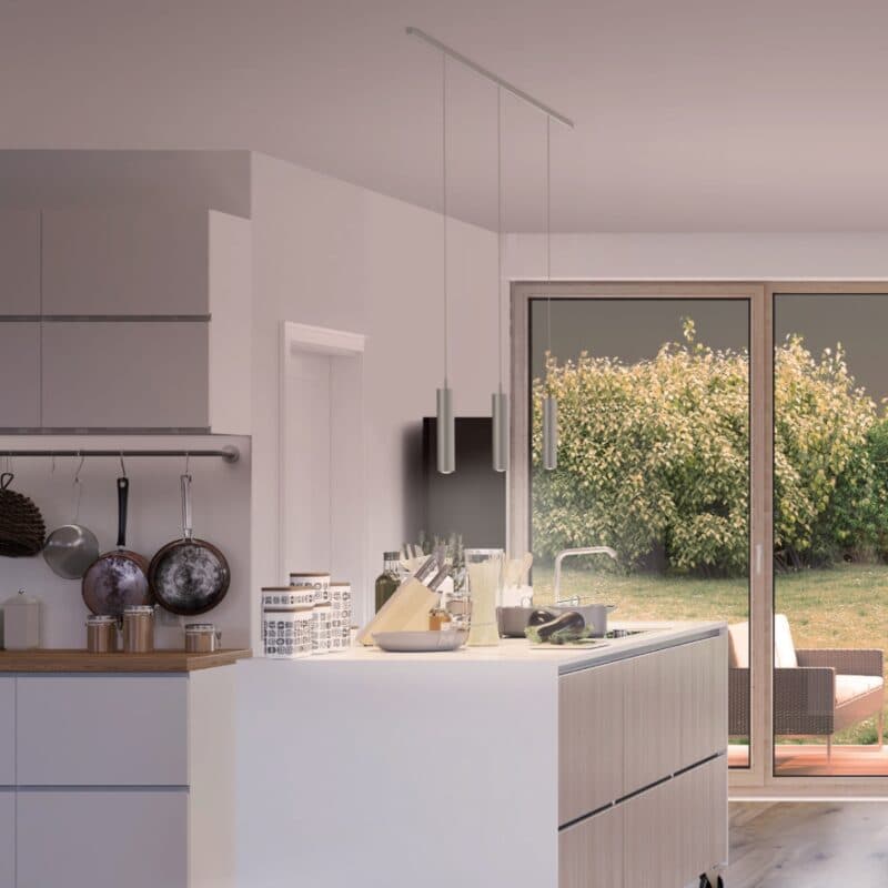 Bruck ALL-IN Schiene mit Star 55 80° Pendelelemente im Wohnbeispiel